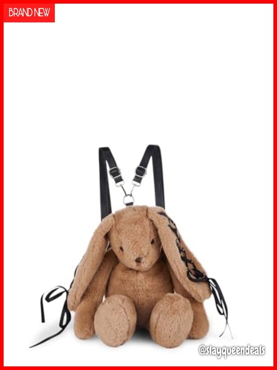 Faux Fur Plush Bunny Backpack with Lace-Up Ribbon Ears, Adjustable Straps,